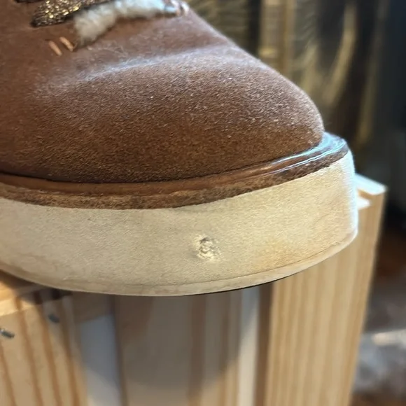 Coach Shearling Platform Boots with Turn-lock Closure, Charms, and Tan Suede - Picture 5 of 5